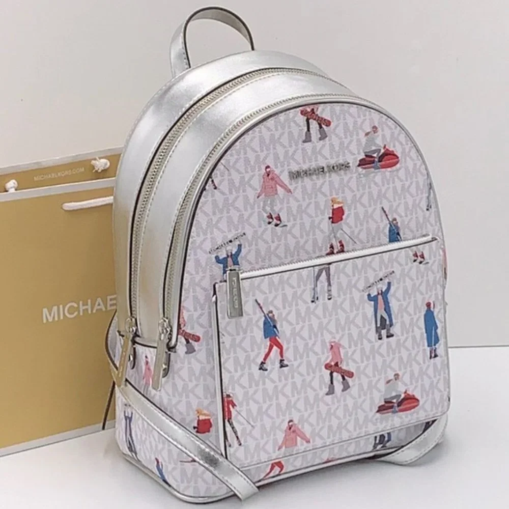 Michael Kors Jet Set Girls Adina Medium Backpack Bright White Silver Multi - Picture 1 of 16